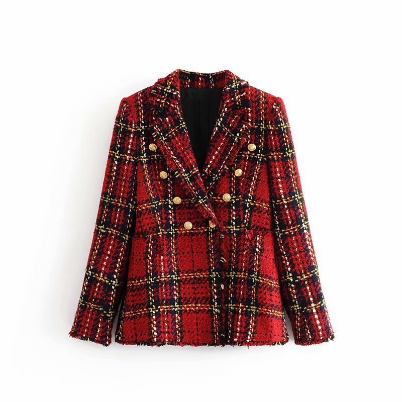 Plaid buttoned woolen blazer